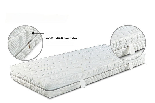 ANURi Matratze mit natürlichem Latex, Detailaufnahme von Reißverschluss und Griffen, weißer Bezug