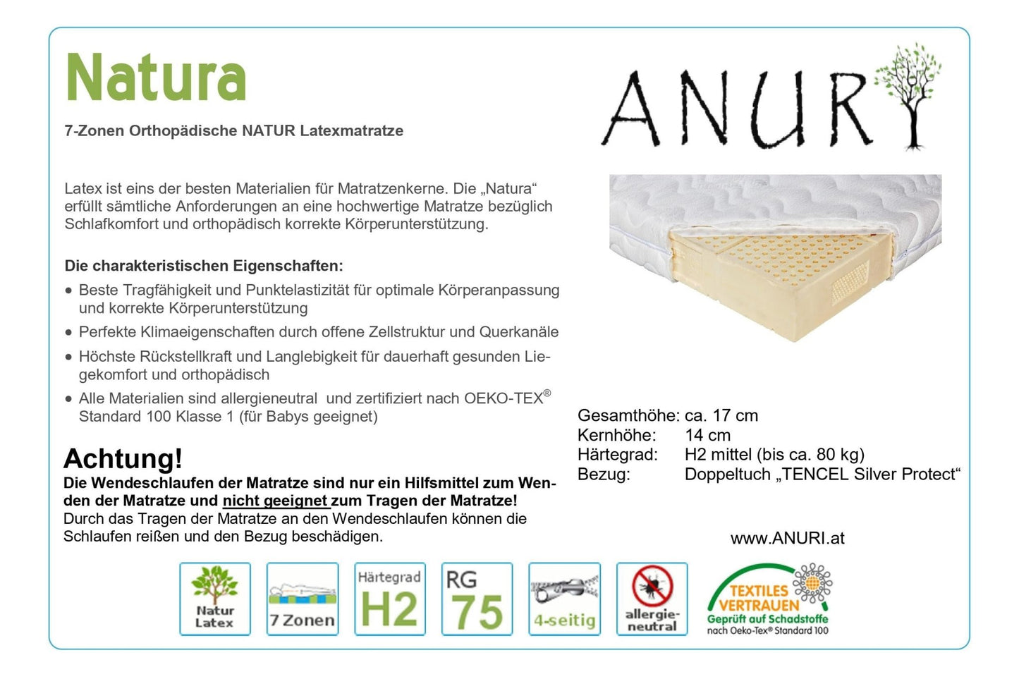 Produktübersicht der ANURi Natura 7-Zonen Latexmatratze mit Schnittansicht des orthopädischen Kerns, Härtegrad H2, Bezug aus Doppeltuch TENCEL Silver Protect