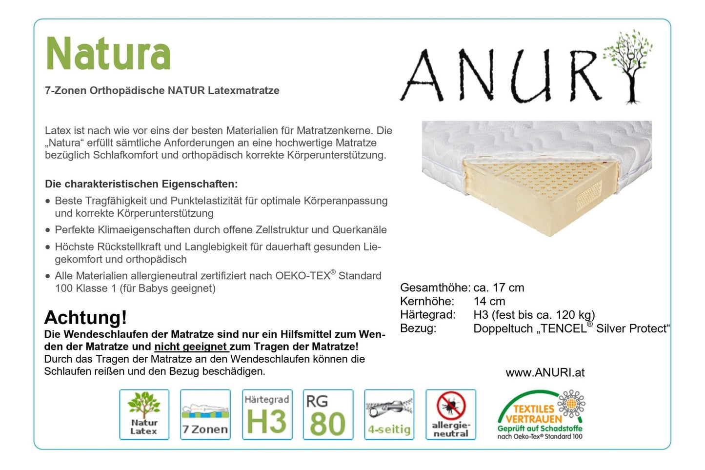 Produktübersicht der ANURi Natura 7-Zonen Latexmatratze mit Schnittansicht des orthopädischen Kerns, Härtegrad H3, Bezug aus Doppeltuch TENCEL Silver Protect, allergieneutral, zertifiziert nach OEKO-TEX Standard 100