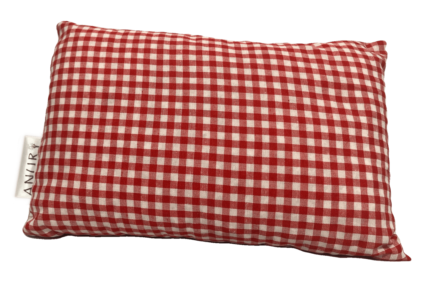 Deko Zirbenkissen ca. 20x30 cm mit rot-weiß kariertem Baumwollbezug, flach liegend, Produktetikett sichtbar an der Seite