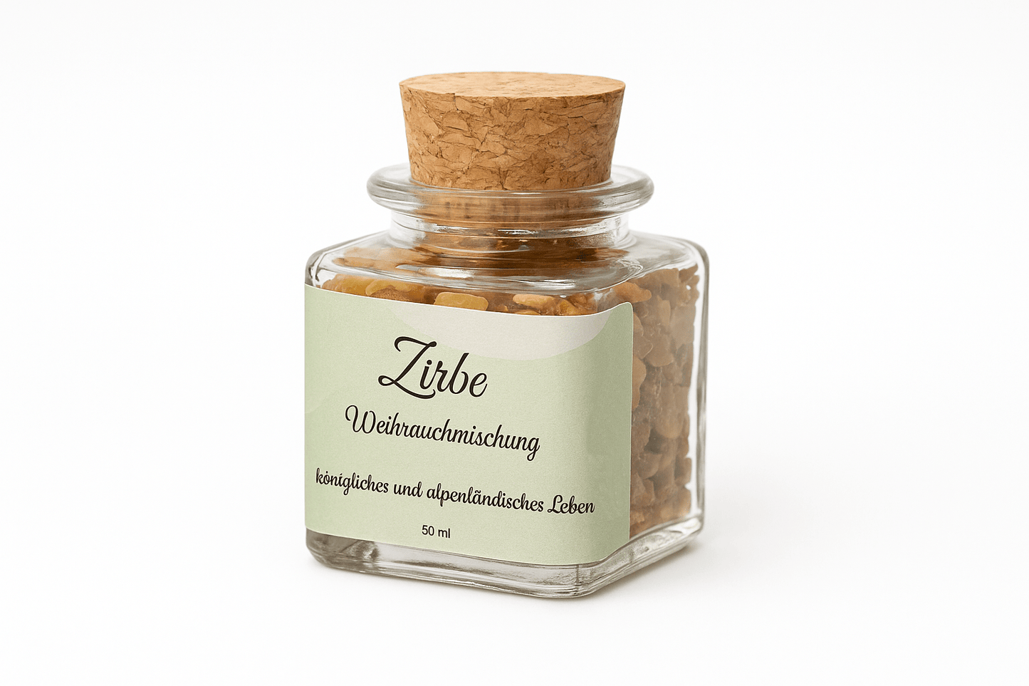 Zirben-Weihrauchmischung im edlen Glas mit Korkverschluss – 50 ml Weihrauch mit alpinem Zirbenduft für natürliche Räuchermomente