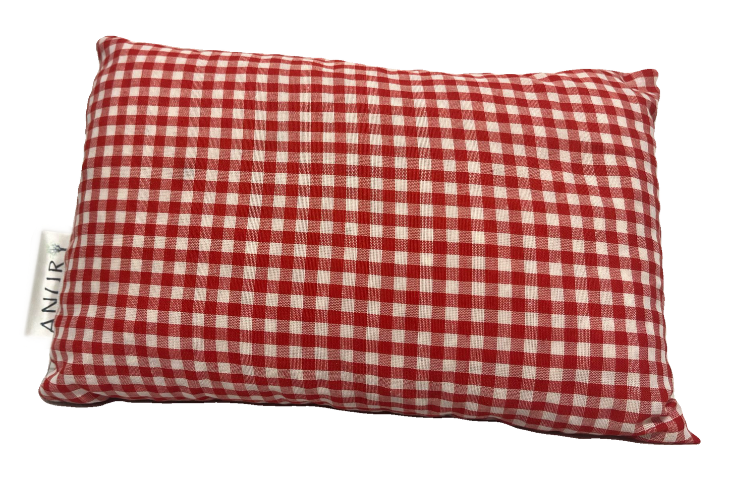 Deko Zirbenkissen ca. 20x30 cm mit rot-weiß kariertem Baumwollbezug, flach liegend, Produktetikett sichtbar an der Seite