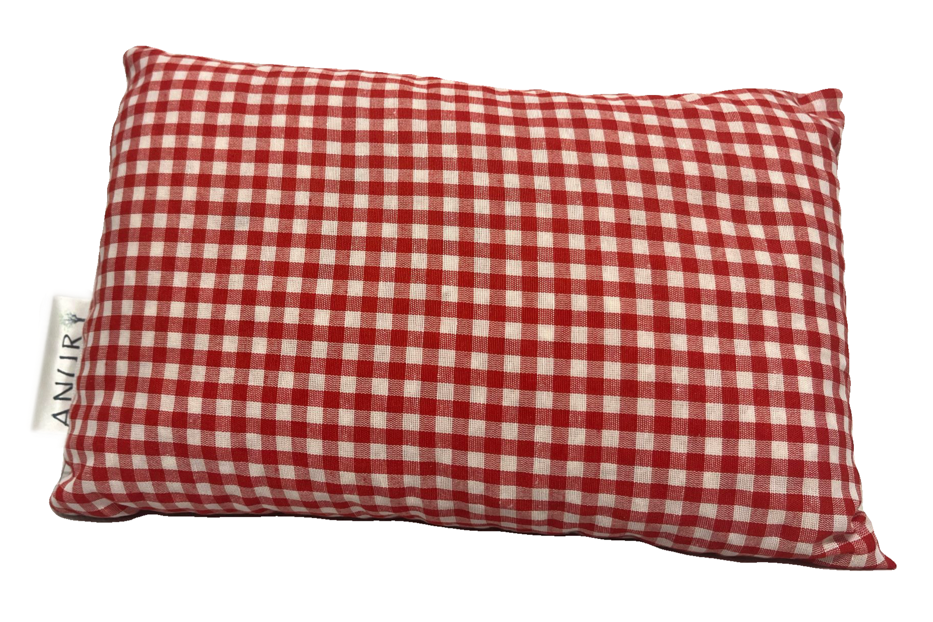 Deko Zirbenkissen ca. 20x30 cm mit rot-weiß kariertem Baumwollbezug, flach liegend, Produktetikett sichtbar an der Seite