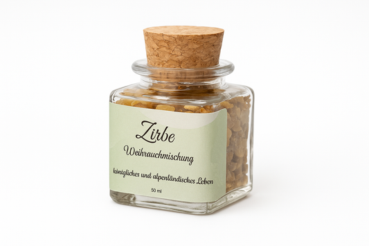 Zirben-Weihrauchmischung im edlen Glas mit Korkverschluss – 50 ml Weihrauch mit alpinem Zirbenduft für natürliche Räuchermomente